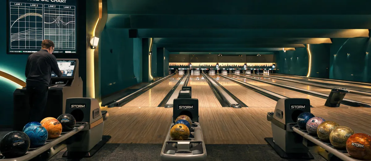 Bowling center lanes at night
